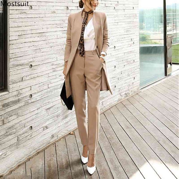 

spring autumn ol elegant blazer suits women two piece set long sleeve tunic slim and pants office suit 210514, White;black