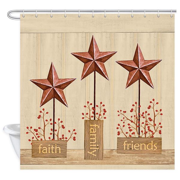 

primitive country stars shower curtain, antique star berries and faith family friend word on rustic wooden planks vintage retro