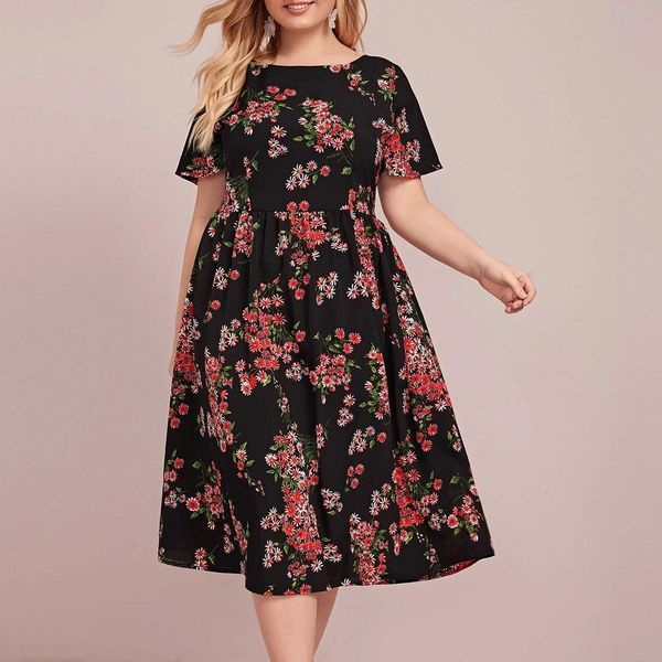 

women beach casual plus size 4xl o-neck floral print summer dress, Black;gray