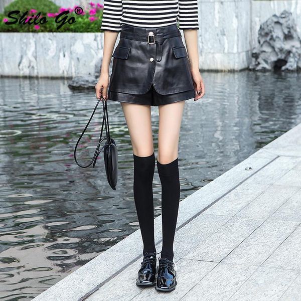 

women's shorts high street solid skirts women autumn buttons front buckle belted sheepskin genuine leather concise a line, White;black