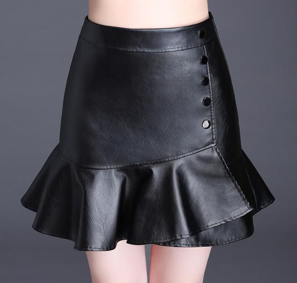 

skirts 2021 women's autumn and winter wash pu leather slimming skirt fashion slim trumpet, Black