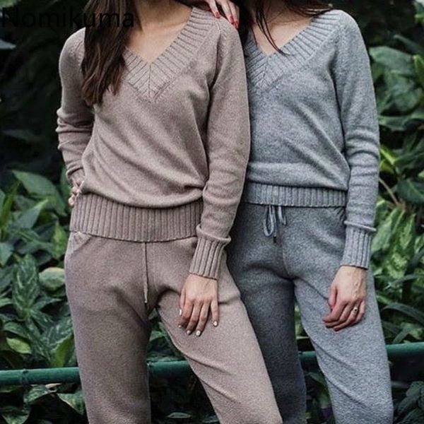 

nomikuma new sweater pants 2piece sets long sleeve v-neck pullover knitwear + lace up waist harem long pants suits 6c359 210427, White