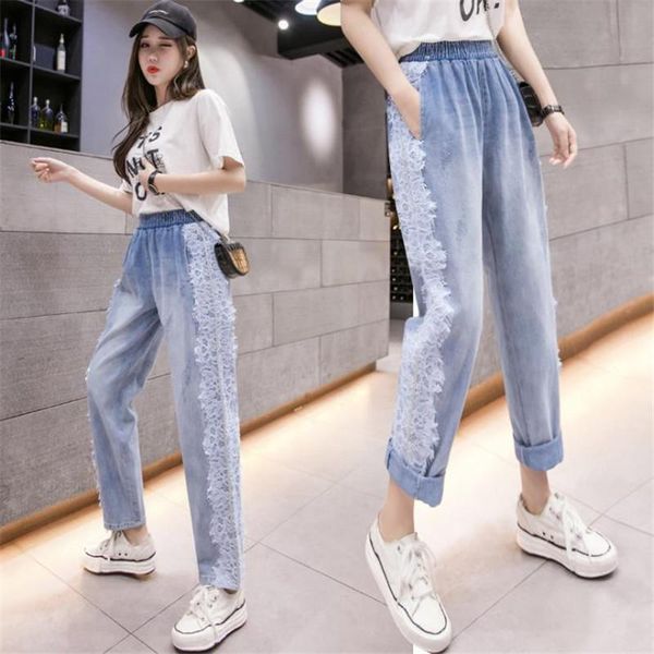 

women's jeans 2021 high waist lace brushed loose harem women pantalones de mujer calÃ§a feminina pantalon pour femme ropa, Blue