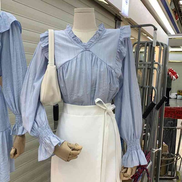 

sweet fungus patchwork solid shirts women blouses lady style fresh women long sleeve korean fashion blusas mujer 210514, White