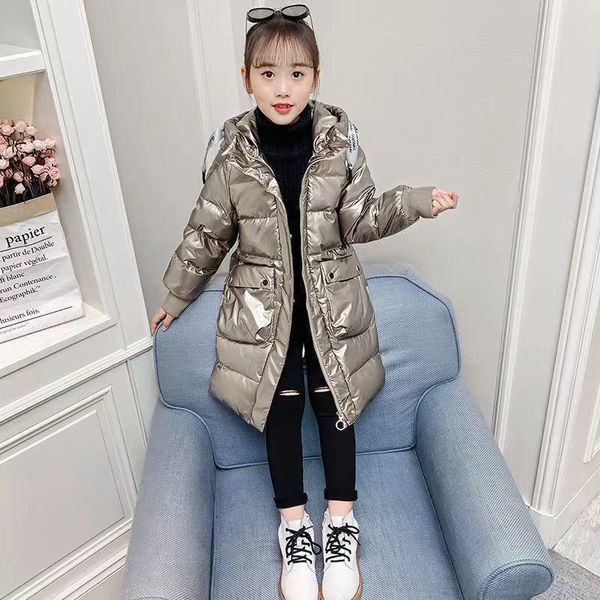 

down coat winter mid-length shiny girls cotton kids thick warm hooded outerwear teenage fashion simple heavy 5 6 7 8 9 10y, Blue;gray