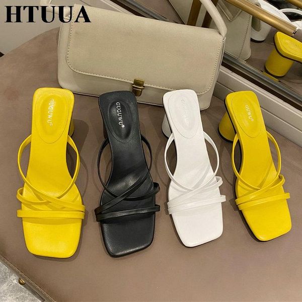 

slippers htuua 2021 summer women fashion narrow band med heel sandals square toe vacation beach flip flops slides shoes sx3847, Black