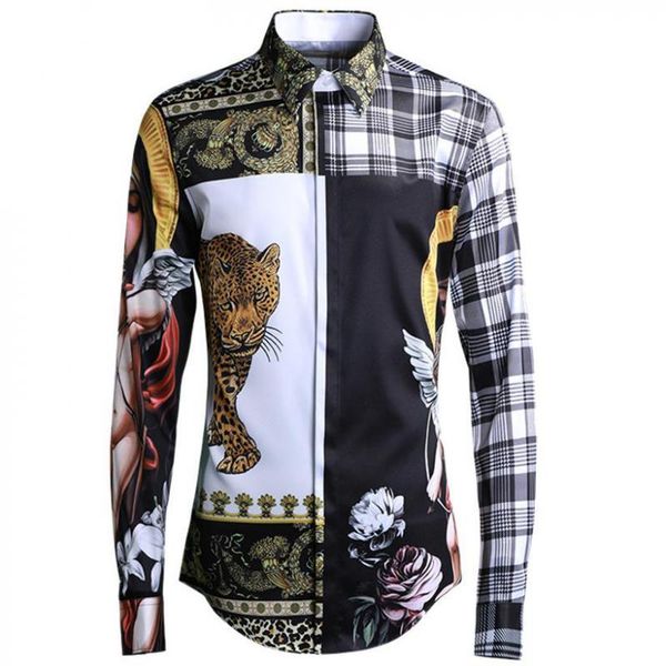 

tee polo shirt men luxury virgin mary digital printing party fashion long sleeve slim fit mens shirts plus size, White;black