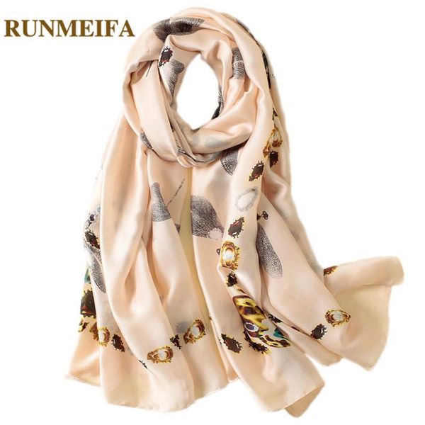 

scarves [runmeifa] 2021 luxury silk scarf women summer beach shawls and wraps printing 2 color 180*90cm female ng, Blue;gray