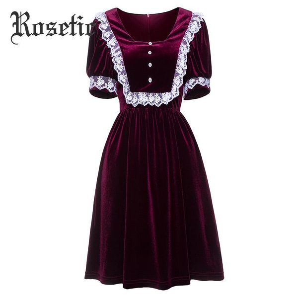 

casual dresses rosetic goth summer lolita dress women date red square collar lovely mini a line female elegant gothic lace velvet, Black;gray