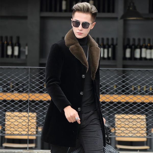 

men's leather & faux haining fur body medium length mink collar sheep shearing coat real, Black