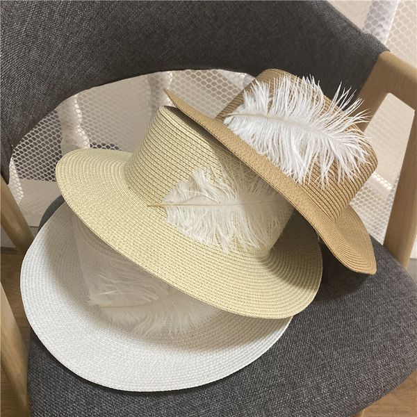 

women's summer sun shading temperament feather fried street beach flat straw hat, Yellow