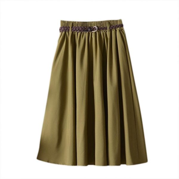

high waist women skirt casual vintage solid belted pleated midi skirts lady 7 colors fashion simple saia mujer faldas, Black