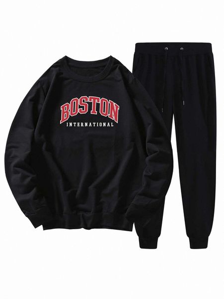 

men letter graphic sweatshirt & sweatpants x7uv#, Gray