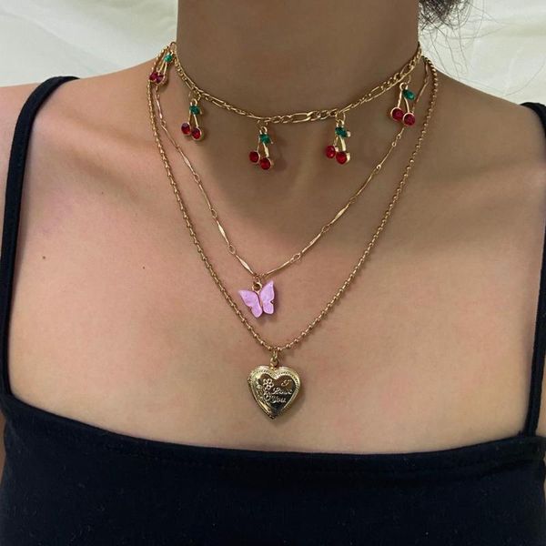

multilayer sweet red cherry pink butterfly gold heart pendant metal necklace women fashion charm romantic party jewelry necklaces, Silver