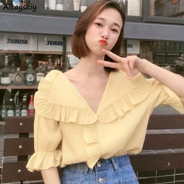 

women's blouses & shirts blouse women casual female ruffles elegant loose all-match simple solid ulzzang harajuku vintage fashion, White