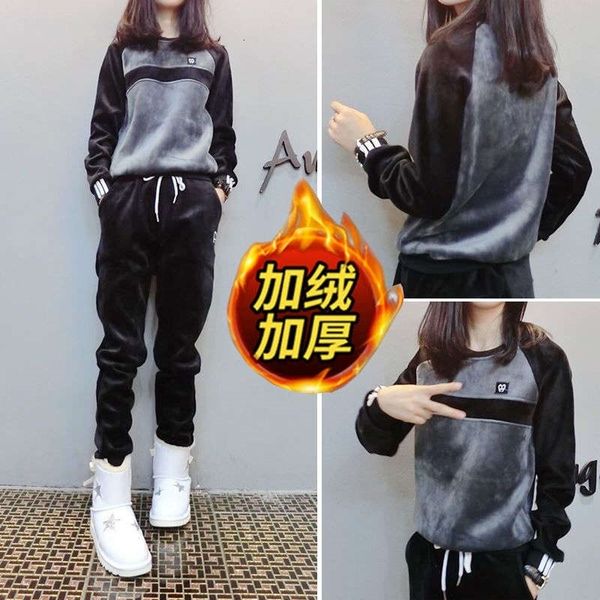 

women's tracksuits autumn winter thickened oversize sportswear two piece suit plush double faced velvet fashion casual sweater psqf, Gray