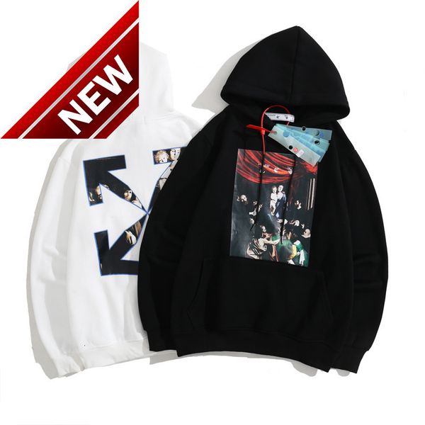 

winter off style autumn 2021 white virgin oil painting printed hooded plush sweater for men and women, Black