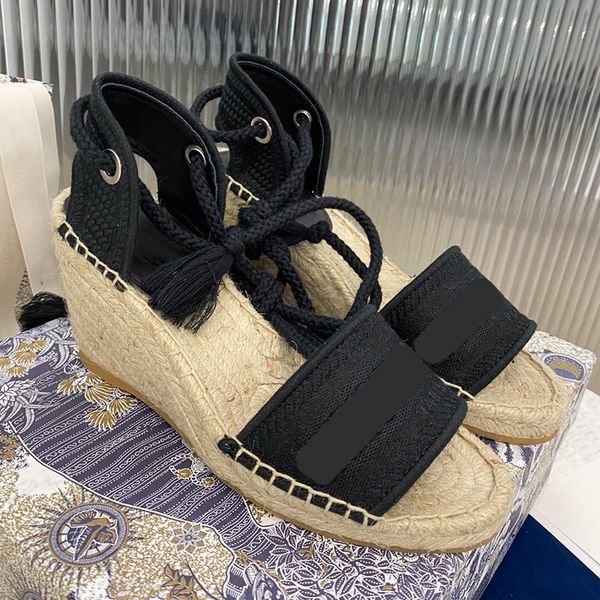 

summer lady wedge sandals pattern jacquard embroidered fisherman sho open toe 9.5cm high-heeled lace up weave beach casual sandal with box