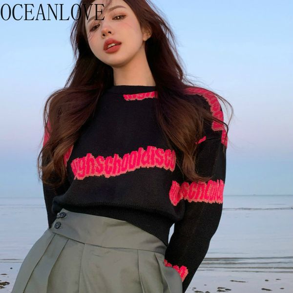 

woman sweaters printed letterrs short korean spring vintage fashion pull femme black pullovers 19476 210415, White;black