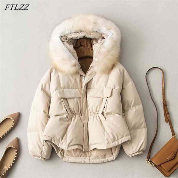 

winter large real raccoon fur hooded short jacket irregular women 90% white duck down coat female loose warm snow outwear 210430, Black