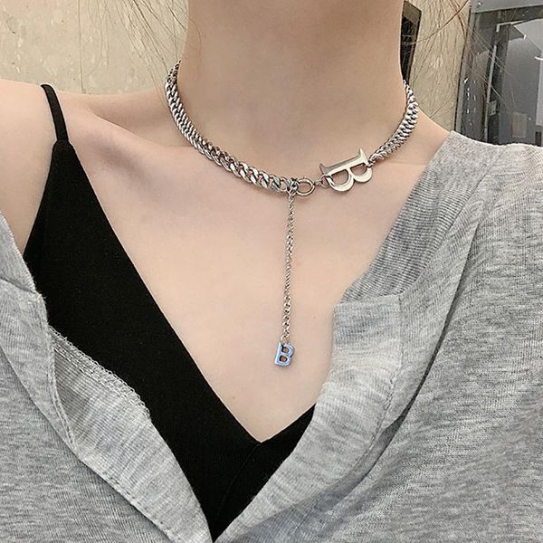 

luxury stainless steel letter b pendant necklaces korean fashion punk jewelry chain chunky necklace for women girl, Silver