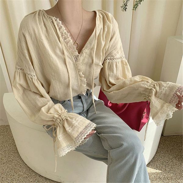 

retro lace women loose chic 2021 vintage gentle stylish arrival elegance female shirts women's blouses &, White
