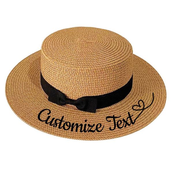 

embroidery custom text logo black bow women sun hat large brim panama straw outdoor beach bridal party gift wide hats, Blue;gray