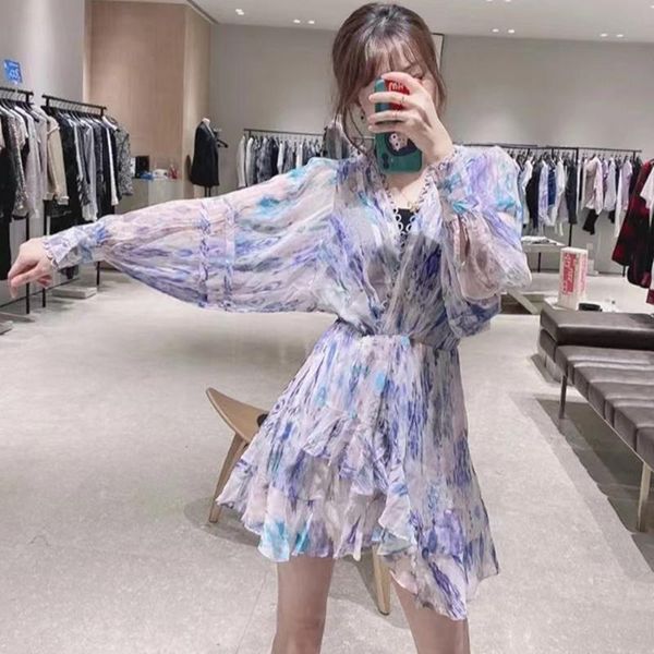 

casual dresses slim print v-neck women summr thin asymmetrical dress female ladies high version long sleeve ml154, Black;gray