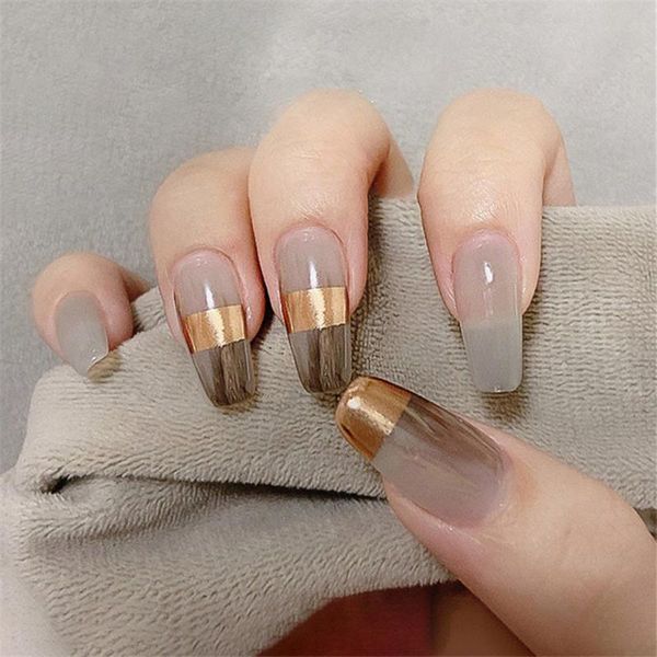 

false nails ballerina french full cover nail tips manicure tool with press glue gradient gray sequins, Red;gold