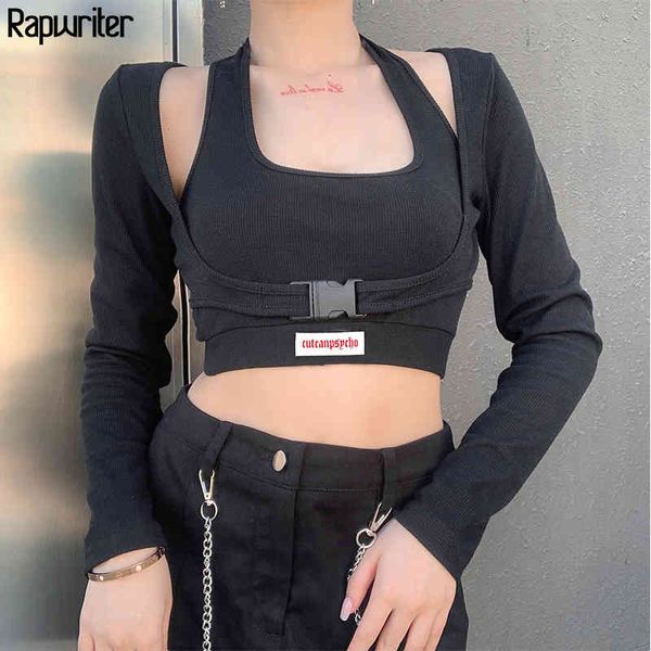 Gefälschte 2 Stücke Rib Stoff Langarm Schnalle Halter Frau T-shirts Sexy Slim Damen Hot Crop Tops T-shirt Kleidung Rapwriter 210415