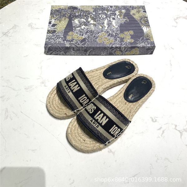 

2021 d summer fisherman's canvas embroidered woven straw sandals versatile casual slippers luxurysss designersss shoes yw, Black