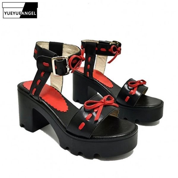 

summer womens real leather high heel shoes designer sweet bow platform sandals peep toe buckle thick female, Black