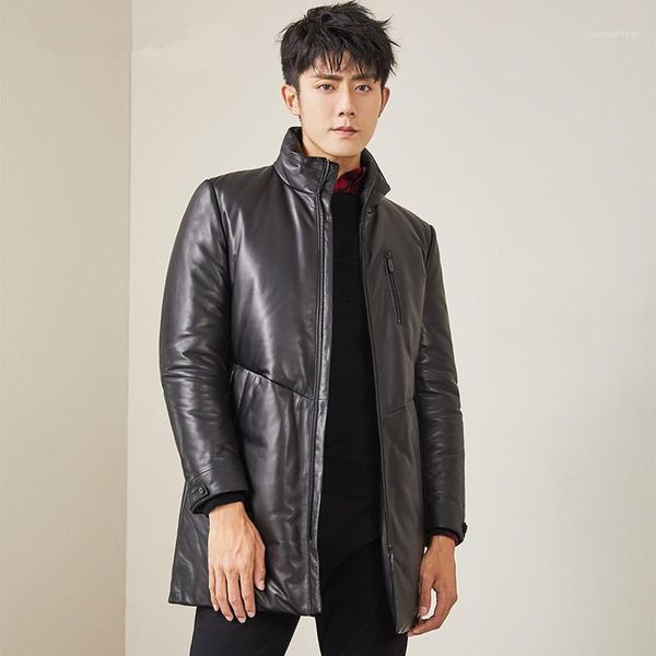 

men's leather & faux genuine jacket men 90% duck down jackets autumn winter sheepskin long coat mg-1831050 my1471, Black
