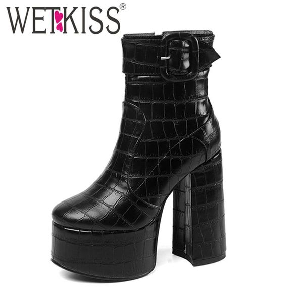 

boots wetkiss fashion women ankle super high heels shoes woman buckle strap platform booties ladies autumn winter big size, Black
