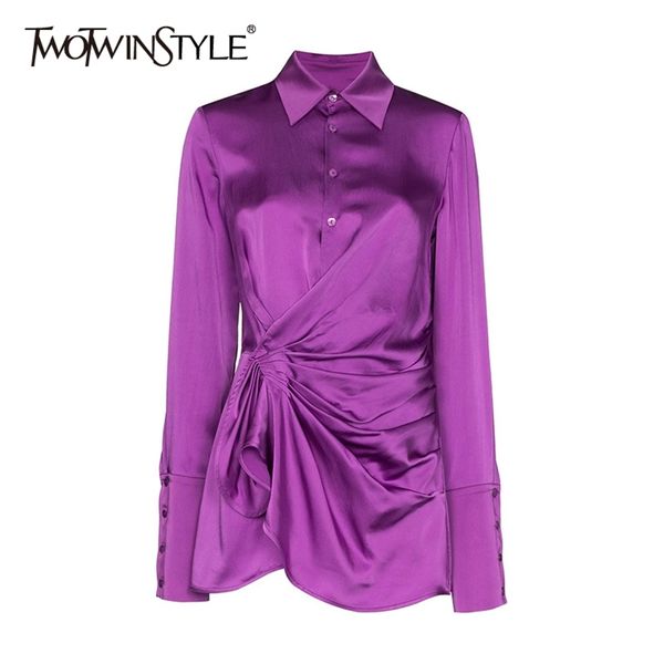 TWOTWINSTYLE Сплошная рубашка Ruched для женских отворотов с длинным рукавом кружева Bowknot Минималистская блузка женская мода одежда 210729