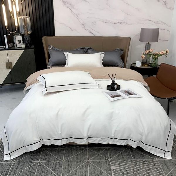 

bedding sets luxury soft silk satin cotton frame embroidered duvet cover set simple style white gray with bed sheet pillow shams