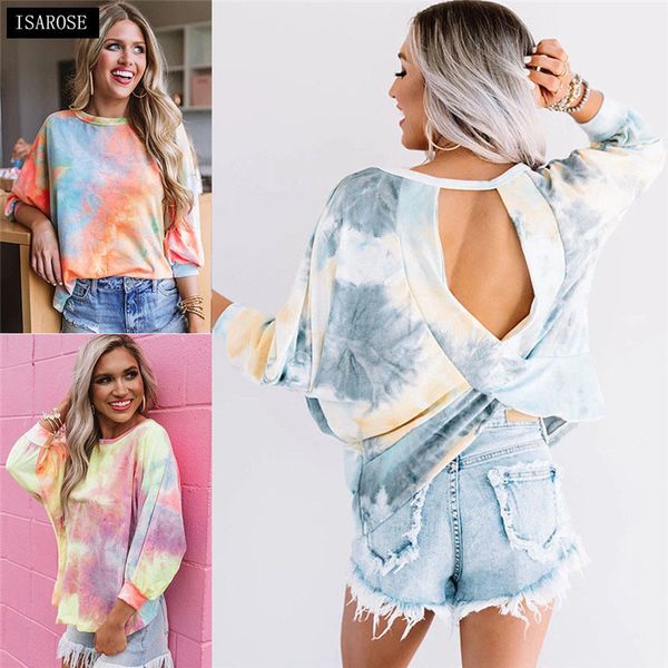 

isarose tie dye hoodie cross cutout back pullover batwing xl xxl dance gym sportswear daily casual outerwear for women 210422, Black