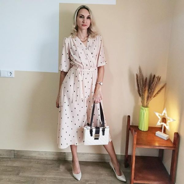 

casual dresses vintage polka dot printed dress for women elegant lantern sleeve v neck a line party 2021 autumn maxi wrap, Black;gray