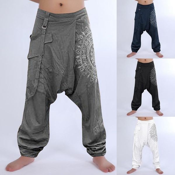 

men's pants casual elastic waist baggy trousers long harem boho low rise drop crotch retro loose print trouser men clothing 2021, Black