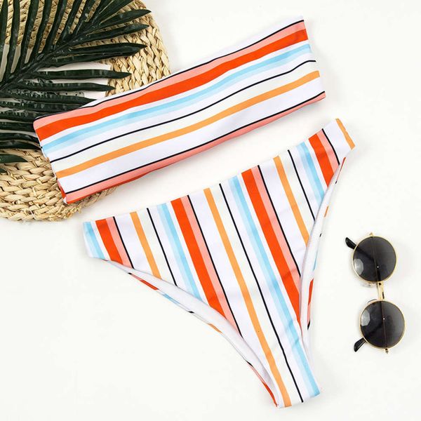 

beloqi striped bra high waist swimsuit women's split, White;black