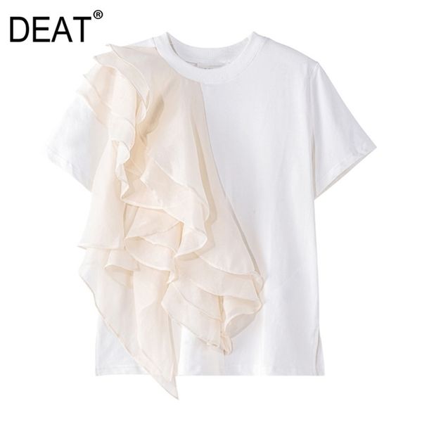 

[deat] summer fashion round neck splicing ruffles short sleeve loose temperament women t-shirt 13q307 210527, White