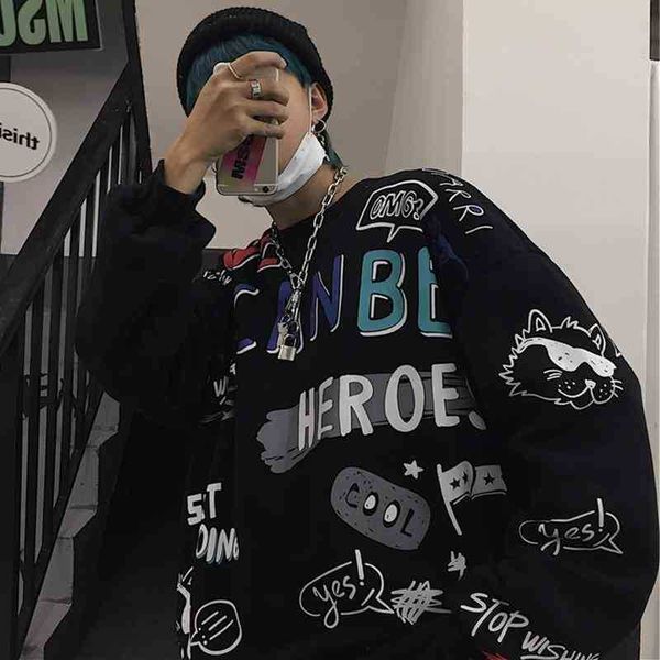

ins street trend hip hop graffiti print coat for lovers loose and handsome pullover round collar sweater men's fashion brand, Black