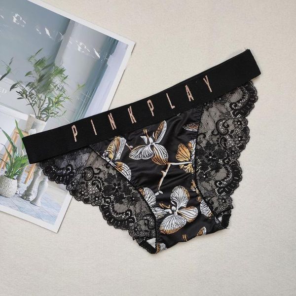 

women's panties women print silk satin ladies lingerie underwear knickers briefs seamless g-string hollow out, Black;pink