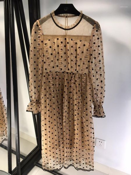 

casual dresses 2021 ladies fashion long sleeve round neck flocking polka dot dress 0119, Black;gray