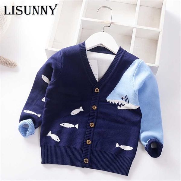 Baby Boys Sweater Casaco Cardigan Outono Inverno Camisolas Crianças Crianças Roupas de Malha Dos Desenhos Animados Baleia V-Neck ToDdler Soreers 211106