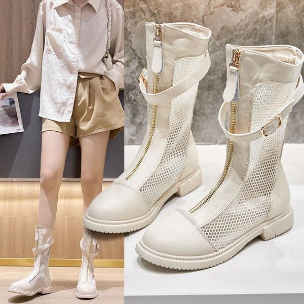 

boots summer ladies long for women hollow mesh breathable thin high-heel shoes flat front zipper sandal, Black