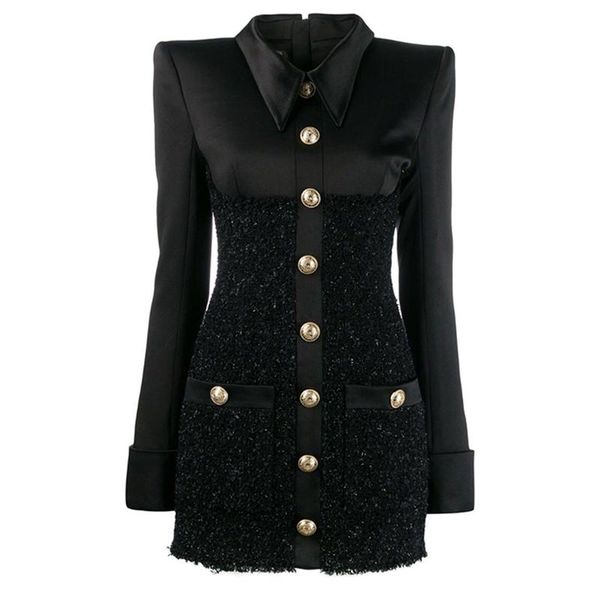 

casual dresses high street fashion 2021 baroque designer runway dress women's lion buttons satin patchwork tweed shimmer, Black;gray