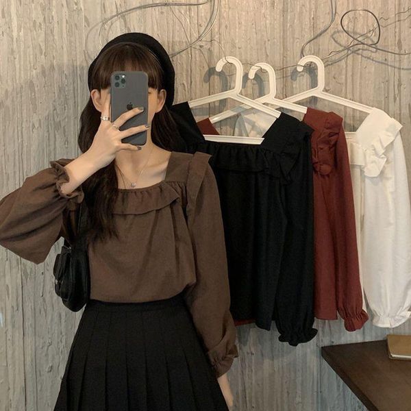 

women's t-shirt t-shirts woman autumn square collar 2021 korean fashion retro temperament thin versatile long-sleeved shirt clothes, White