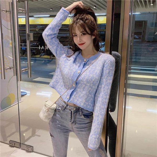 

autumn gentle temperament young lady fresh little fragrance cardigan women's loose short knitted sweater baby blue 210412, White;black