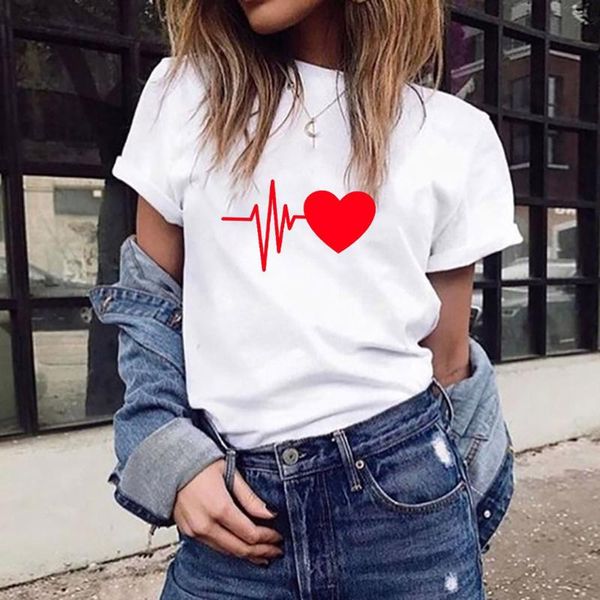 

women's t-shirt fashion loose short-sleeved heart print casual o-neck dailywear, White